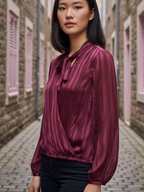Guess Satin Tie-Neck Blouse in Burgundy